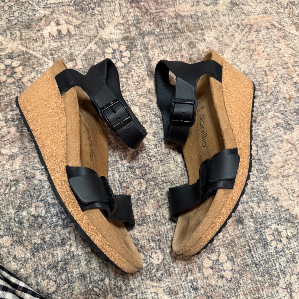 Papillio by Birkenstock Lana Black Leather Wedge Sandals 40 L9 M7